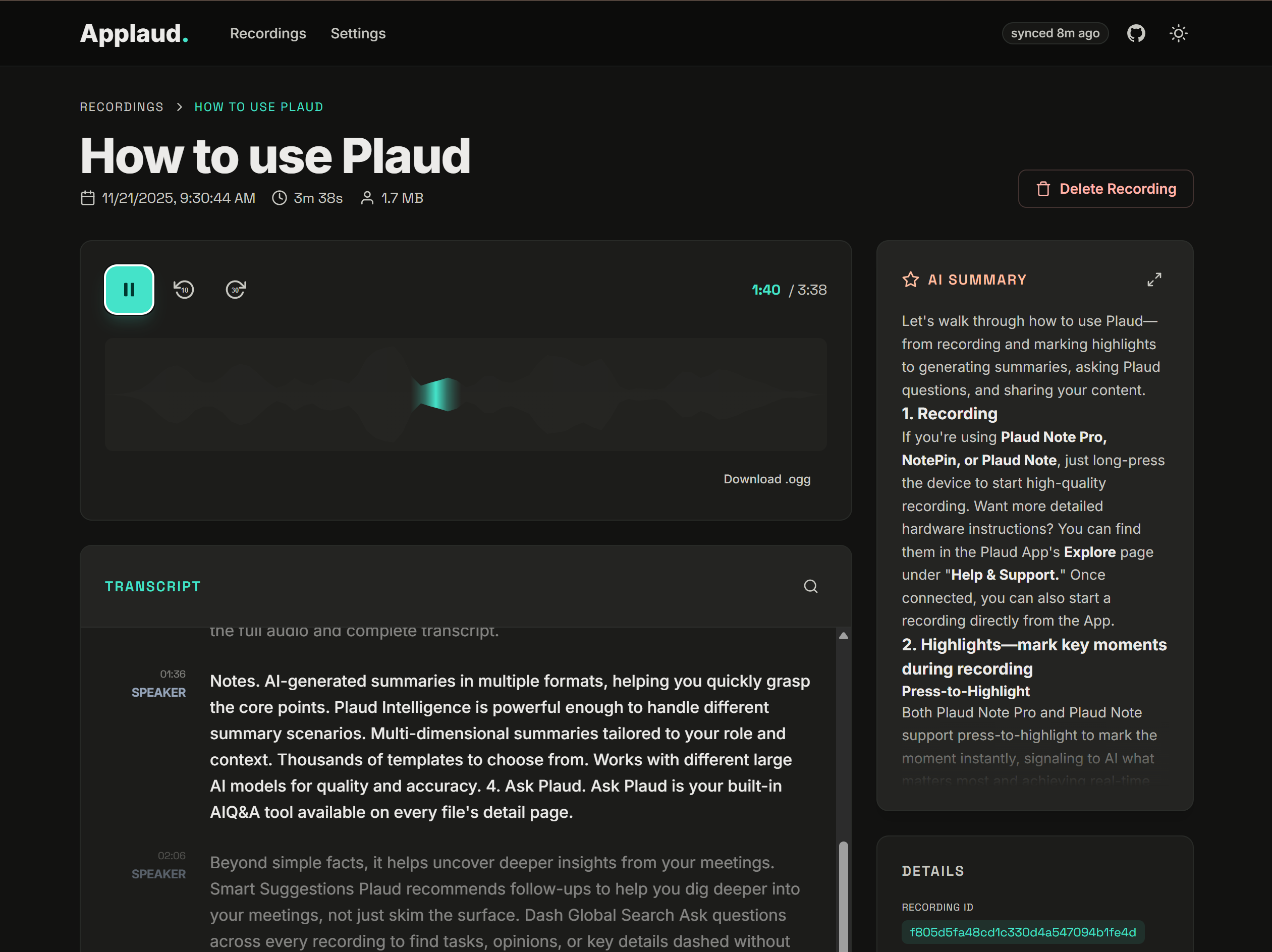 Applaud local sync server for Plaud Note